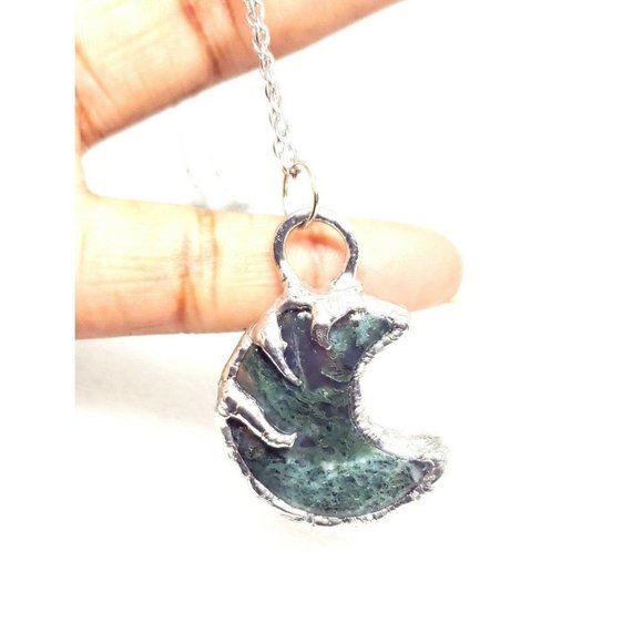 Moss agate moon crystal Necklace handmade silver spikes stainless steel chain - Picture 2 of 9